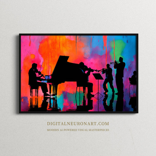 Vibrant Jazz Ensemble – Silhouette Music Art Print on Abstract Watercolor Background | Modern Wall Decor