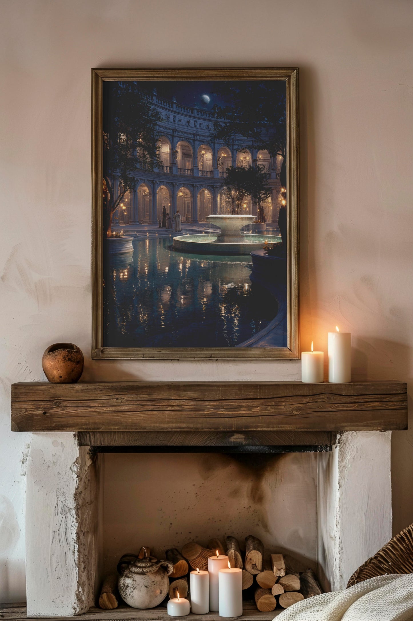 Moonlit Courtyard – Neoclassical Romanticism Digital Wall Art | Dreamy Architectural Fountain Scene