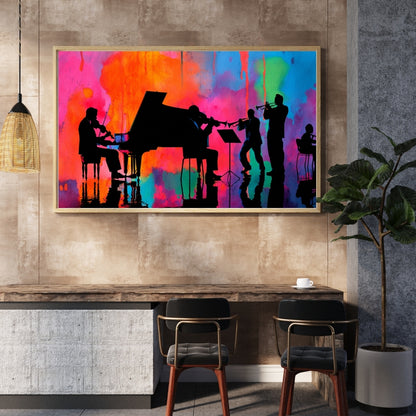 Vibrant Jazz Ensemble – Silhouette Music Art Print on Abstract Watercolor Background | Modern Wall Decor