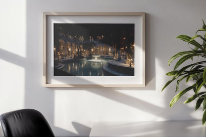 Whispers of the Courtyard – Neoclassical Romanticism Digital Wall Art | Moonlit Fountain Palace Download