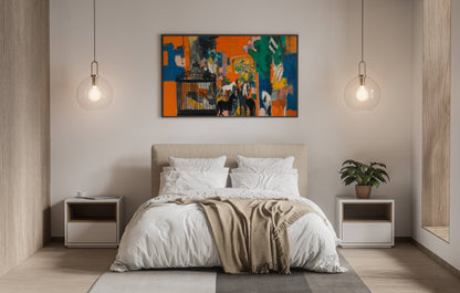 Vivid Encounter – Modern Abstract Expressionist Painting with Horses and Birdcage | Digital Download Wall Art