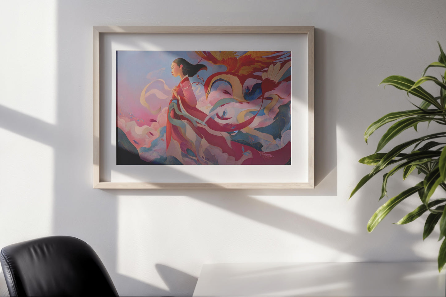 Song of the Phoenix – Modern Fantasy Woman with Flowing Robes and Mythical Bird | Digital Download Wall Art