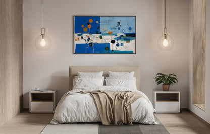 Golden Blue Blooms – Modern Abstract Botanical Landscape Painting | Digital Download Wall Art