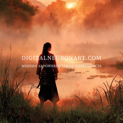 Samurai at Dawn – Modern Cinematic Fantasy Illustration | Digital Download Wall Art