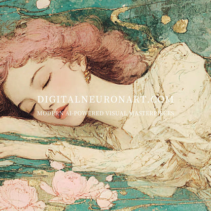 Dream of Petal Waters – Art Nouveau Sleeping Maiden Floral Painting | Digital Download Wall Art
