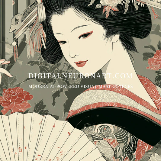 艺伎的优雅 – 复古浮世绘花卉和服肖像 | 数码下载艺术版画