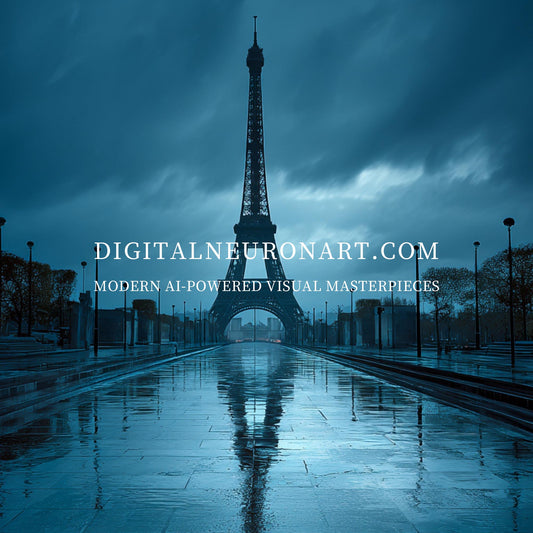 Eiffel Tower in Blue Rain — Cinematic Paris Reflection Art Print