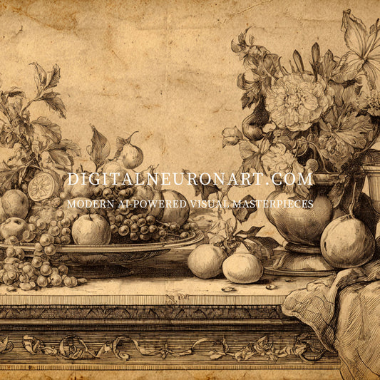 Baroque Harvest – Antique Still Life Drawing | Printable Digital Art | Vintage Fruit & Floral Sketch