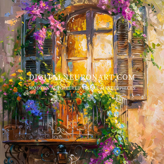 Sunlit Blooming Balcony - Impressionist Floral Window Art | Printable Wall Art | AI Digital Painting