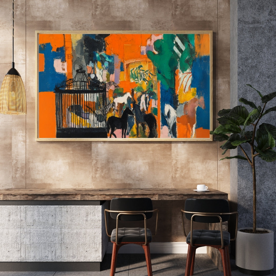Vivid Encounter – Modern Abstract Expressionist Painting with Horses and Birdcage | Digital Download Wall Art