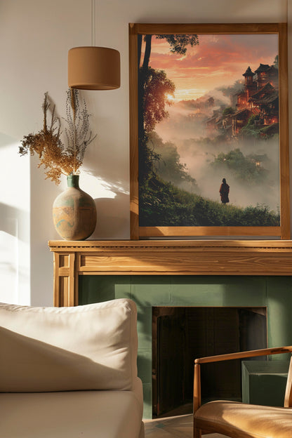 Misty Mountain Village – Modern Eastern Fantasy Landscape | Digital Download Wall Art