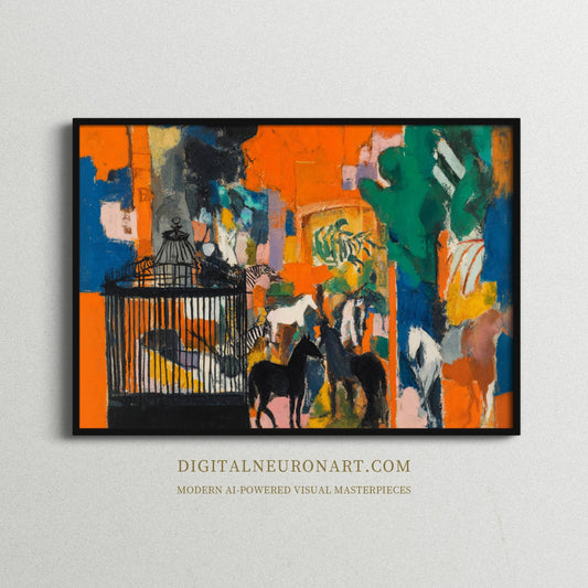 Vivid Encounter – Modern Abstract Expressionist Painting with Horses and Birdcage | Digital Download Wall Art