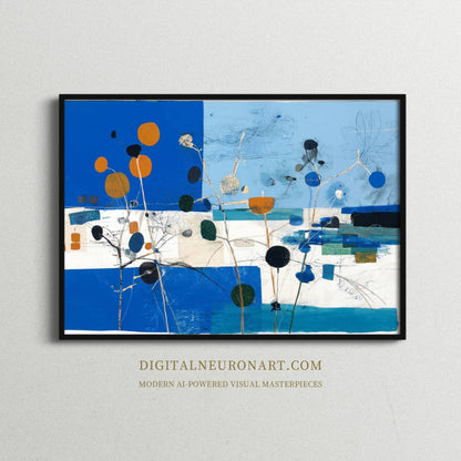 Golden Blue Blooms – Modern Abstract Botanical Landscape Painting | Digital Download Wall Art