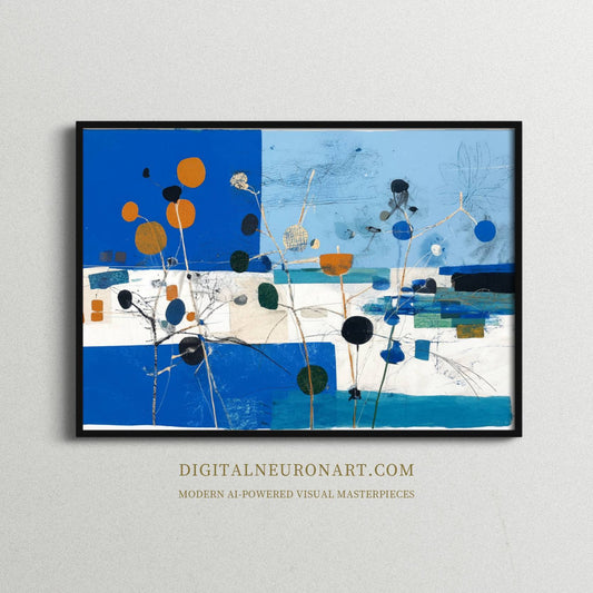 Golden Blue Blooms – Modern Abstract Botanical Landscape Painting | Digital Download Wall Art