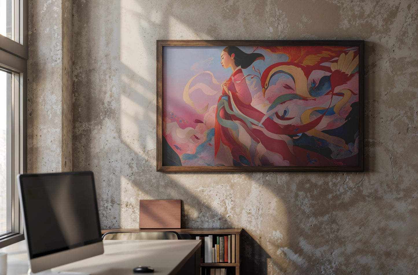 Song of the Phoenix – Modern Fantasy Woman with Flowing Robes and Mythical Bird | Digital Download Wall Art