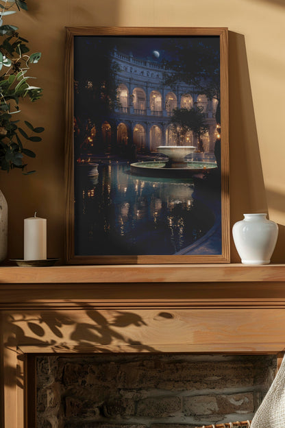 Moonlit Courtyard – Neoclassical Romanticism Digital Wall Art | Dreamy Architectural Fountain Scene