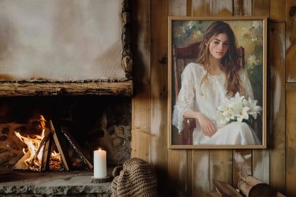Elegance in White Lilies – Modern Realist Portrait Painting | Digital Download Wall Art