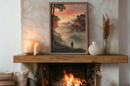 Misty Mountain Village – Modern Eastern Fantasy Landscape | Digital Download Wall Art