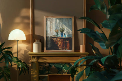 Framed artwork on a wooden surface with plants and a lamp in a warm-toned room.