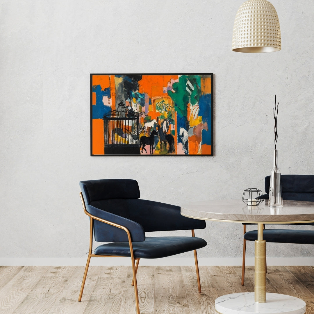 Vivid Encounter – Modern Abstract Expressionist Painting with Horses and Birdcage | Digital Download Wall Art