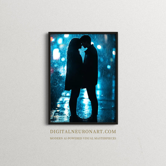 Moonlit Rain Kiss — Cinematic Romantic Silhouette Under Neon Night Lights
