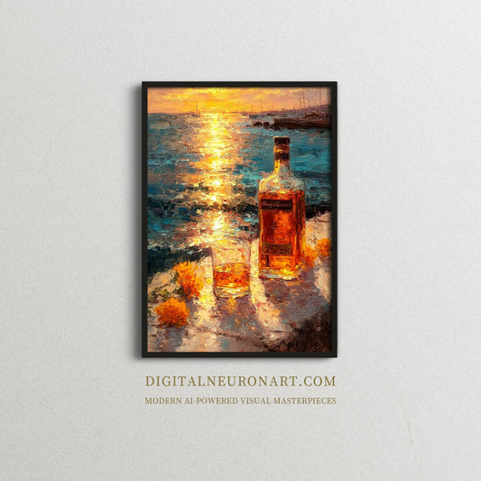 Sunset Whiskey Reflections – Impressionist Seaside Oil Painting | Digital Download Wall Art