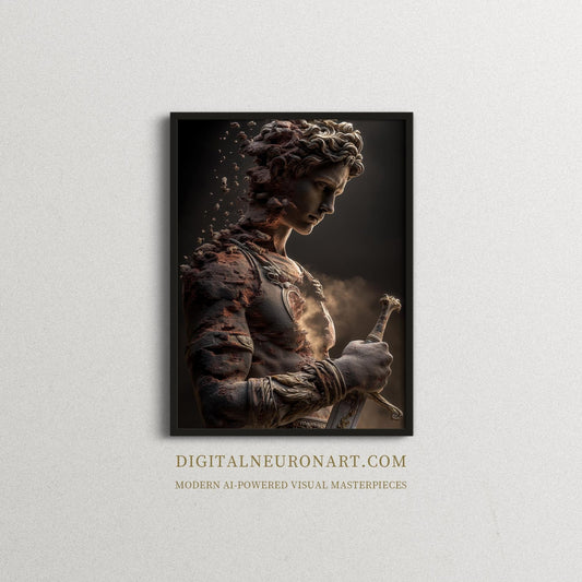 Fading Warrior Statue – Neo-Classical Fantasy Realism Digital Art Print | Epic Mythological Wall Décor Download