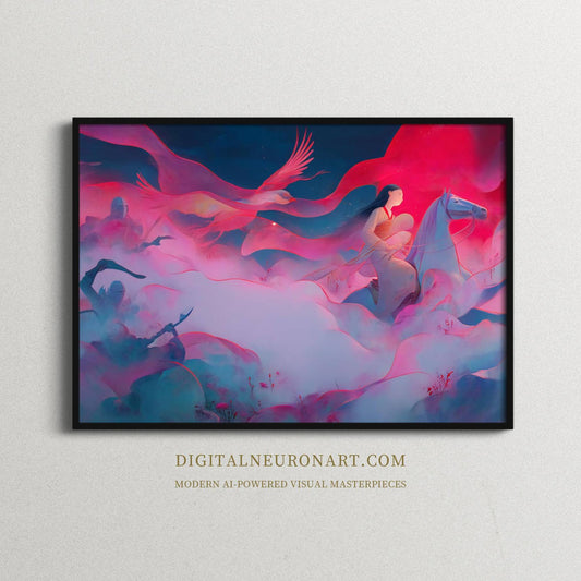 Riders of the Phoenix Mist – Modern Fantasy Warrior and Horse Illustration | Digital Download Wall Art