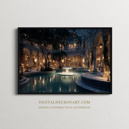 Whispers of the Courtyard – Neoclassical Romanticism Digital Wall Art | Moonlit Fountain Palace Download