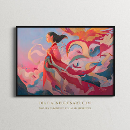 Song of the Phoenix – Modern Fantasy Woman with Flowing Robes and Mythical Bird | Digital Download Wall Art