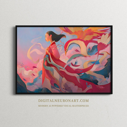 Song of the Phoenix – Modern Fantasy Woman with Flowing Robes and Mythical Bird | Digital Download Wall Art