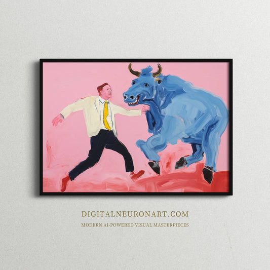 Man and Blue Bull – Modern Abstract Figurative Painting | Digital Download Wall Art