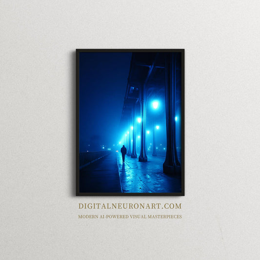 Blue Midnight Walk — Cinematic Noir Urban Nightscape Under Streetlights