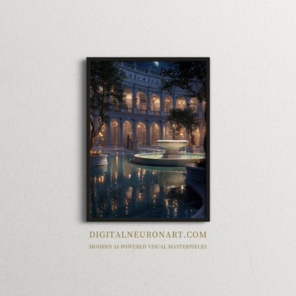 Moonlit Courtyard – Neoclassical Romanticism Digital Wall Art | Dreamy Architectural Fountain Scene