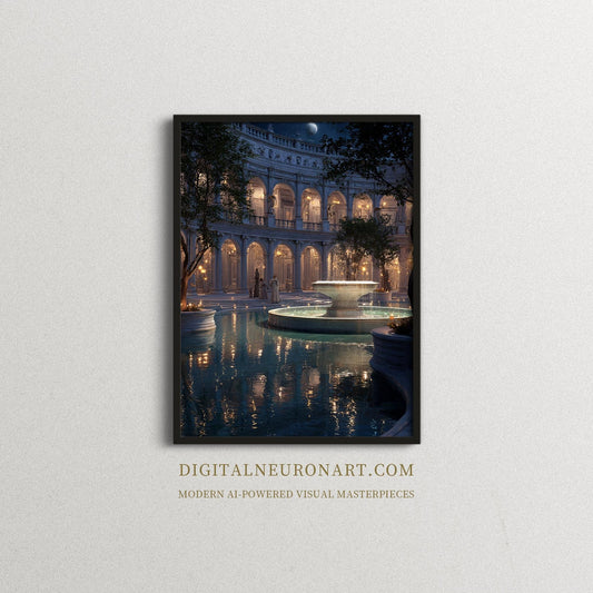 Moonlit Courtyard – Neoclassical Romanticism Digital Wall Art | Dreamy Architectural Fountain Scene
