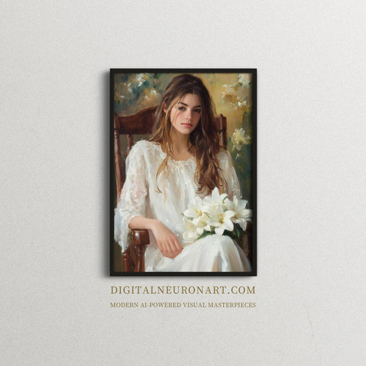 Elegance in White Lilies – Modern Realist Portrait Painting | Digital Download Wall Art