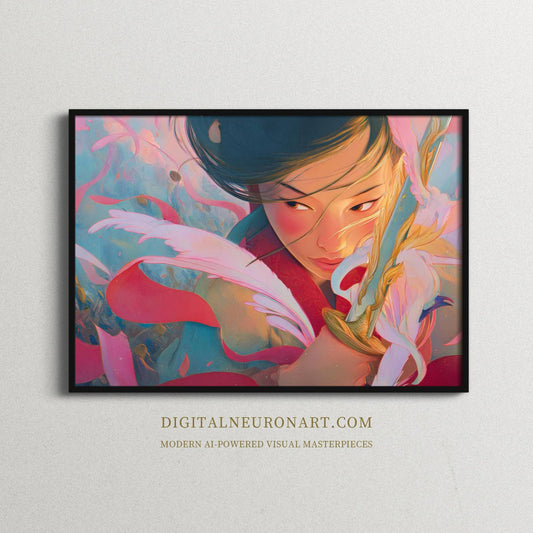 Flames of Courage – Modern Fantasy Warrior Portrait with Sword and Feathers | Digital Download Wall Art