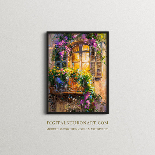 Sunlit Blooming Balcony - Impressionist Floral Window Art | Printable Wall Art | AI Digital Painting