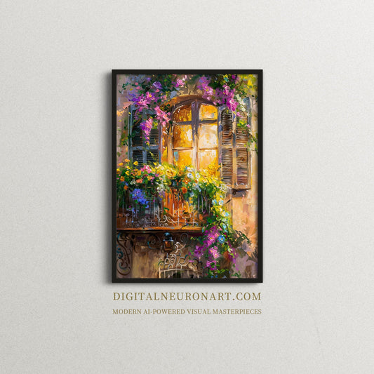 Sunlit Blooming Balcony - Impressionist Floral Window Art | Printable Wall Art | AI Digital Painting
