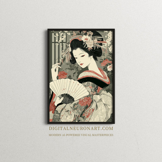 艺伎的优雅 – 复古浮世绘花卉和服肖像 | 数码下载艺术版画