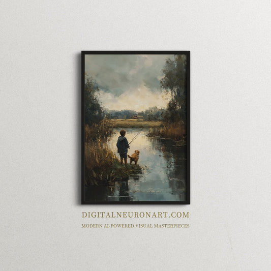 Serene Waterside Fishing - Nostalgic Landscape Art | Printable Wall Art | AI Digital Painting