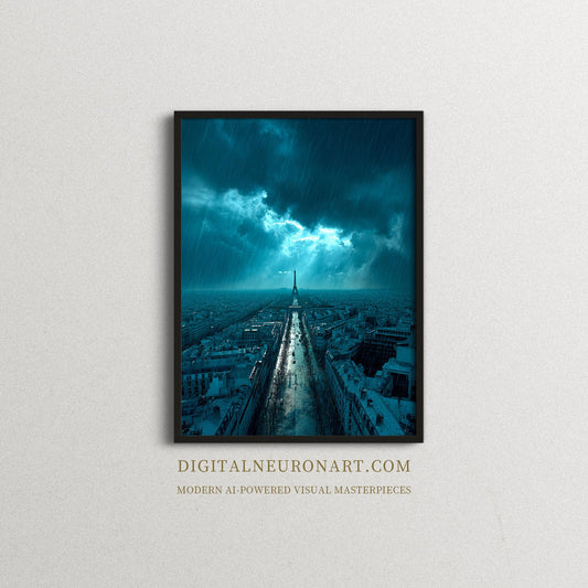 Storm Over Paris — Cinematic Blue Rain Cityscape with Eiffel Tower