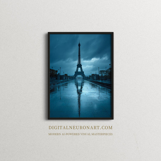 Eiffel Tower in Blue Rain — Cinematic Paris Reflection Art Print